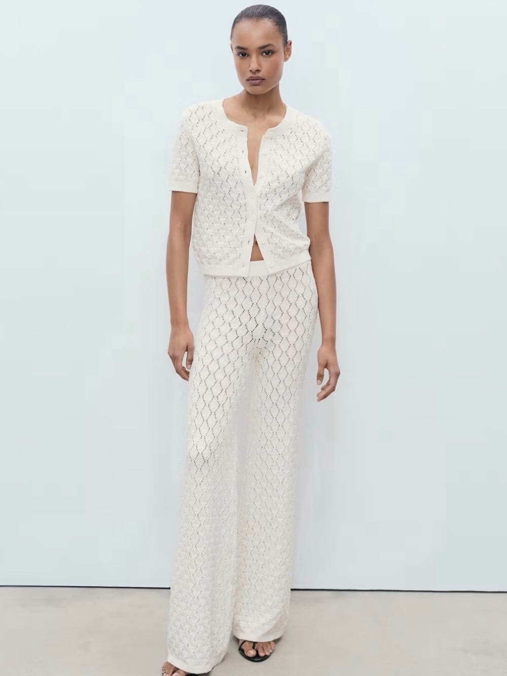MANGO Cream Knit Matching Set Cardigan Top L & Wide Leg Pants M - SOLD OUT STYLE